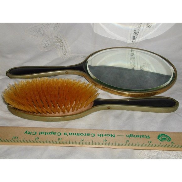 Antique Chinese Bakelite Black and Gold Large Hand Painted Mirror and Brush Set - Picture 6 of 12